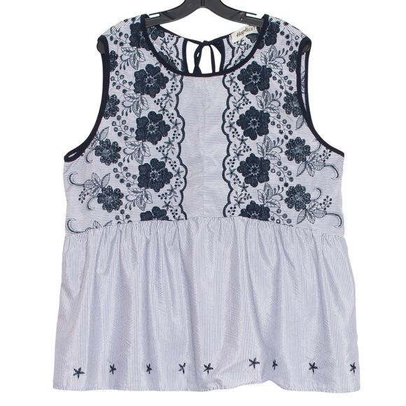 Top Embroidered Boho Cottagecore Coastal Grandma Soft Girl Floral Stripe Blue 3X - Picture 1 of 4